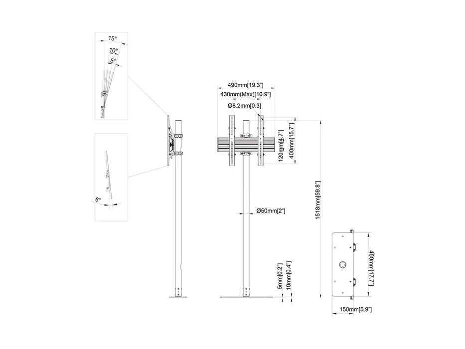 32" - 65" Landscape / Portrait 1.5m Pole Floor Mount Pro Display